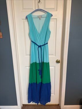 Colorblock Sleeveless Maxi Dress in Aqua, Green & Royal Blue